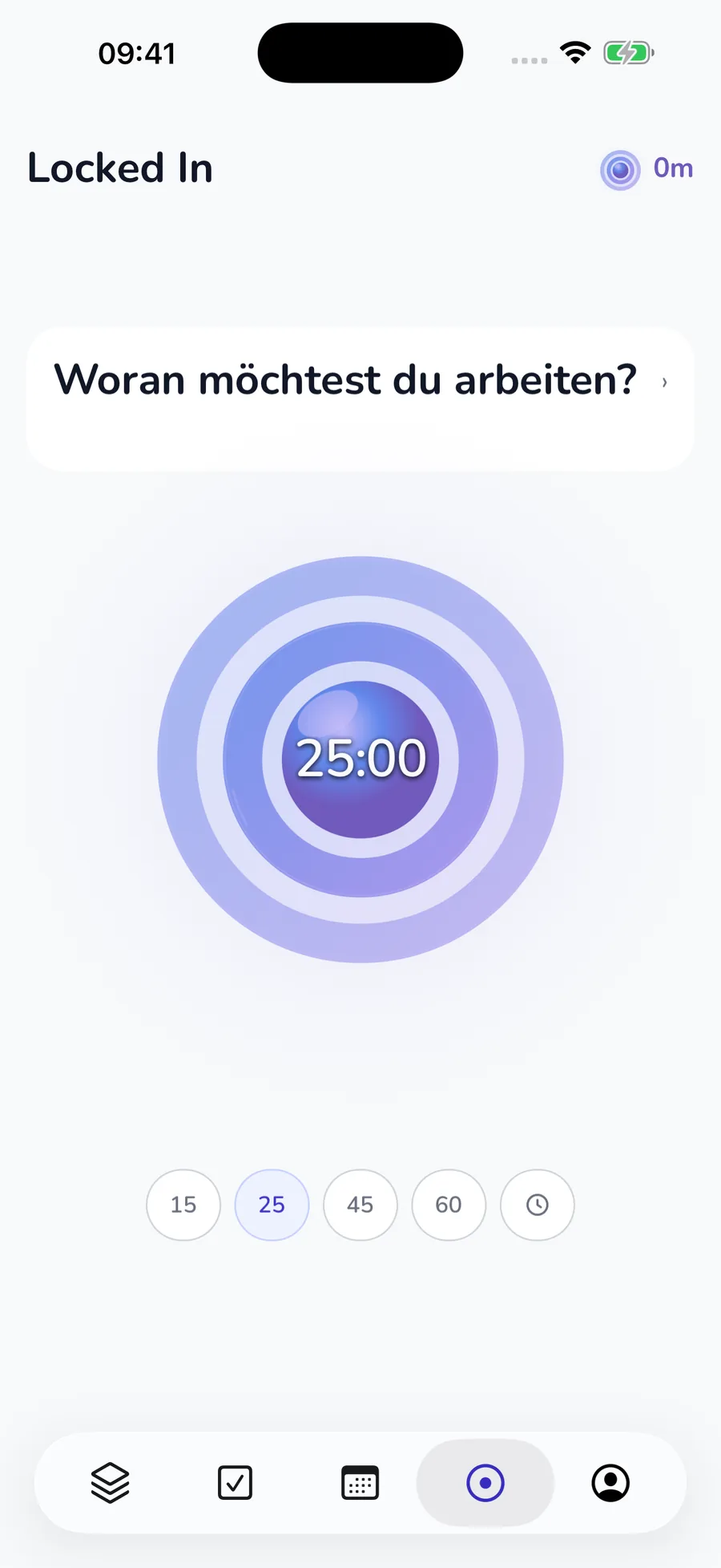 Aktueller Locked-In-Timer mit 25 Minuten als Startwert