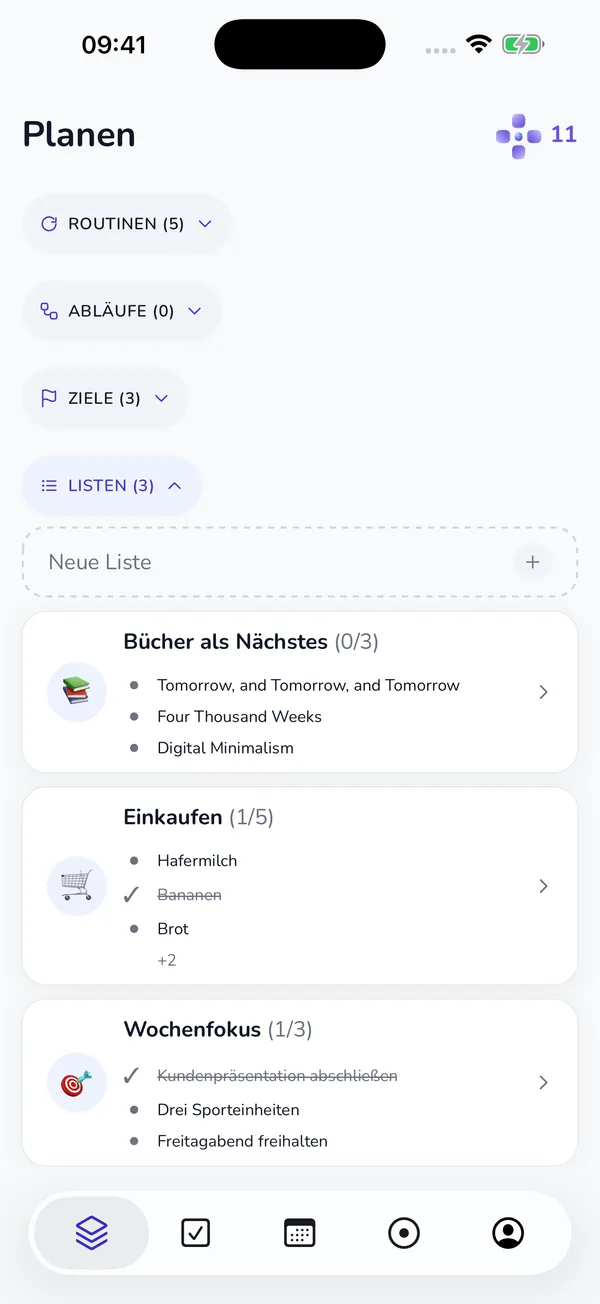 Aktueller Planen-Tab mit Routinen, Abläufen, Zielen und Listen